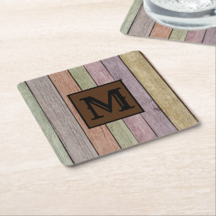 Modern Rustic Wood Plank Monogram Square Paper Coaster