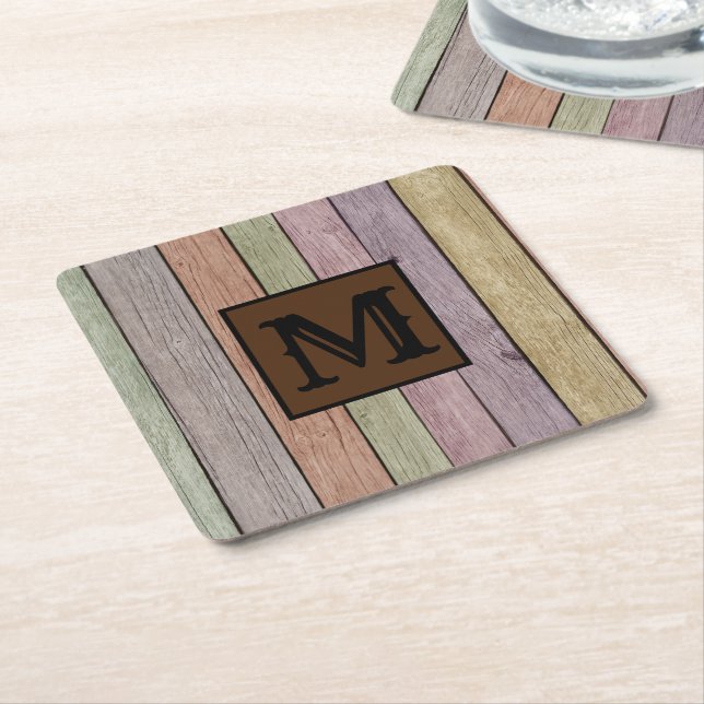 Modern Rustic Wood Plank Monogram Square Paper Coaster (Angled)