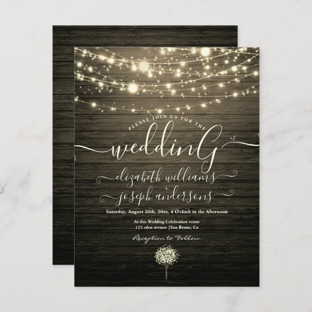 Modern Rustic Wood & White Lights String wedding Invitation (Front/Back)