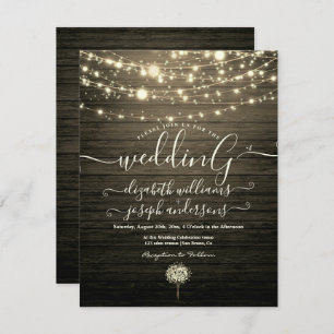Modern Rustic Wood & White Lights String wedding Invitation