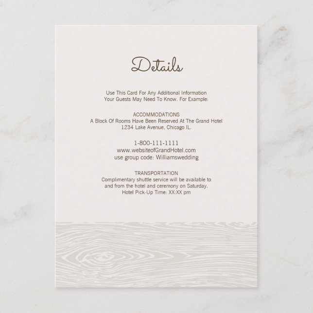 Modern Rustic Woodgrain Wedding Details Card (Front)