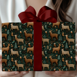 Modern Rustic Woodland Deer & Pine Tree Christmas Wrapping Paper Sheet
