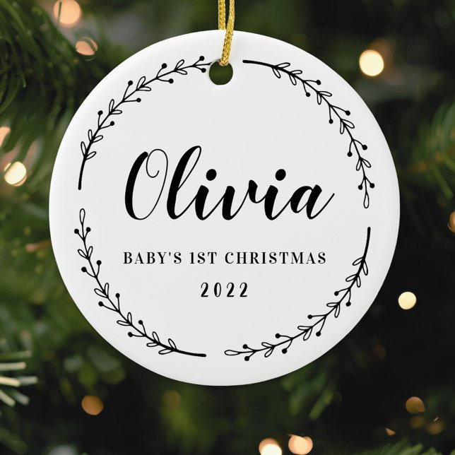 Modern Rustic Wreath Baby's First Christmas Photo Ceramic Tree Decoration (Creator Uploaded)