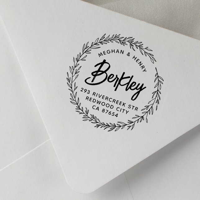 Modern Rustic Wreath Wedding Names Return Address Rubber Stamp (Creator Uploaded)