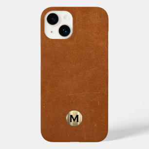 Modern Sable Leather Brushed Gold Monogram Case-Mate iPhone 14 Case
