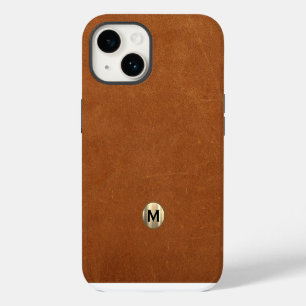 Modern Sable Leather Brushed Gold Monogram iPhone 14 Case