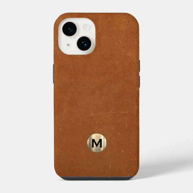 Modern Sable Leather Brushed Gold Monogram iPhone Case (Back)