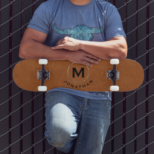 Modern Sable Leather Gold Monogram Skateboard (Outdoor 3)