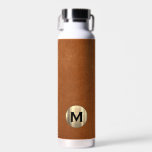 Modern Sable Leather Gold Monogram Water Bottle<br><div class="desc">This modern water bottle design features a sable brown distressed leather background,  with your monogram initial in a brushed metallic gold emblem in classic block typography for a look that is simple and luxurious.</div>