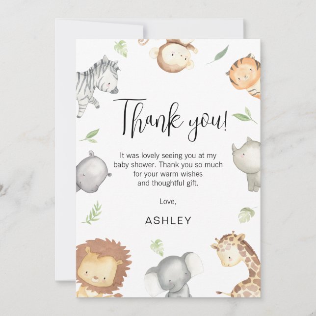 Modern Safari Animals Baby Shower Thank You Card (Front)