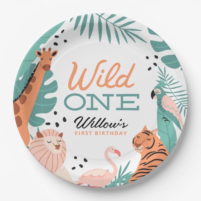 Modern Safari Animals Wild One 1st Birthday Party Paper Plate (Front)