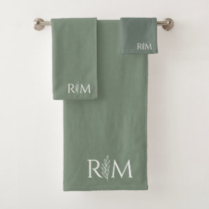 Modern Sage Botanical Monogram Initials Bath Towel Set