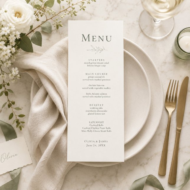 Modern Sage Botanical Wedding Menu Card (Modern Sage Botanical Wedding Menu Card on an elegant wedding dinner table with tiny flowers)