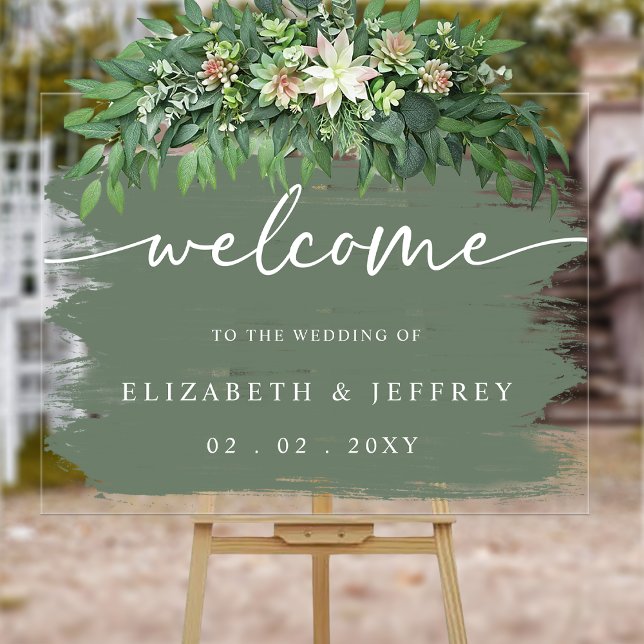 Modern Sage Brush Strokes Wedding Welcome  Acrylic Sign (Modern Sage Brush Strokes Wedding Welcome Acrylic Sign)