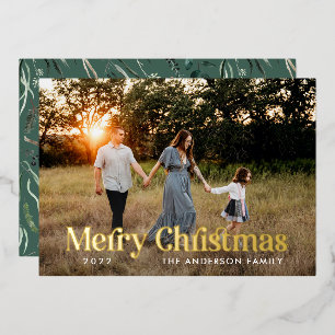 Modern sage elegant botanical typography photo foil holiday card
