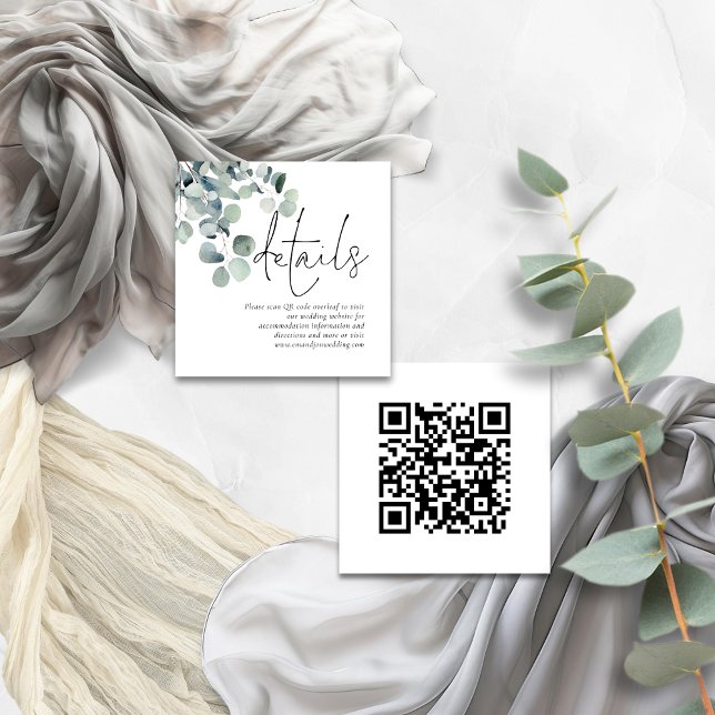 Modern Sage Eucalyptus QR Code Wedding Details Enclosure Card (Front and back view)