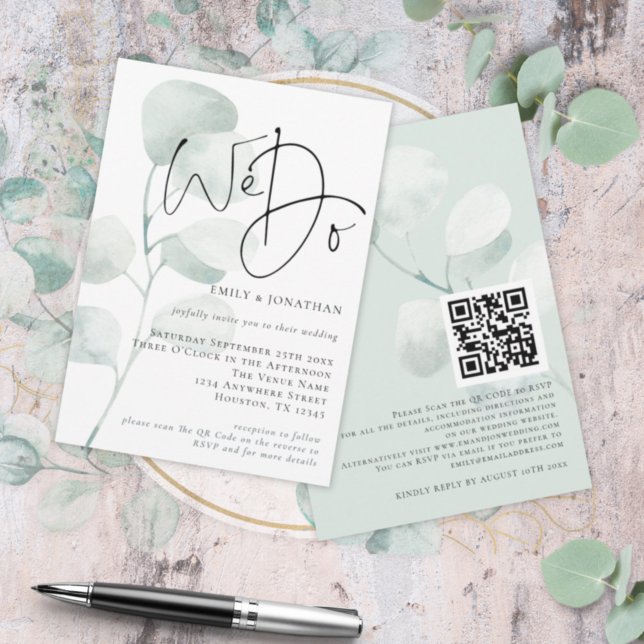 Modern Sage Eucalyptus We Do QR Code Wedding Invitation (Creator Uploaded)