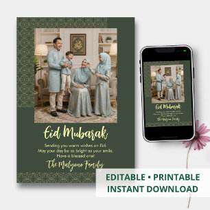 Modern Sage Geometric Pattern Family Photo Eid  Holiday Card