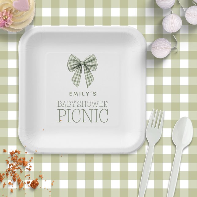 Modern Sage Gingham Bow Name Baby Shower Picnic Paper Plate (Creator Uploaded)