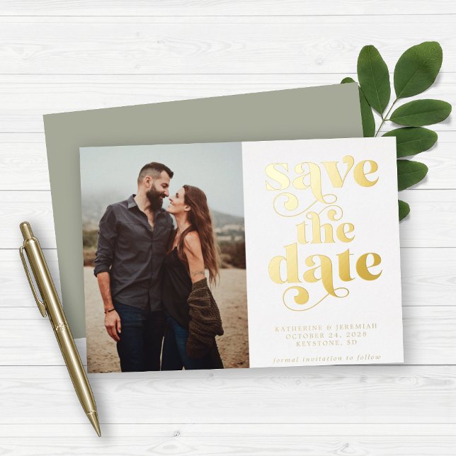 Modern Sage Gold Foil Photo Save the Date (Creator Uploaded)