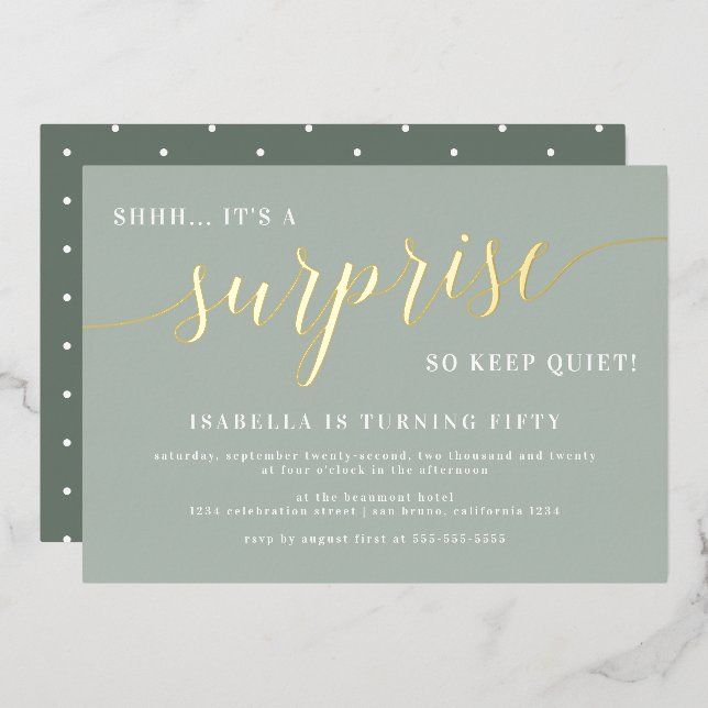 Modern Sage & Gold Script Surprise Birthday Party (Front/Back)