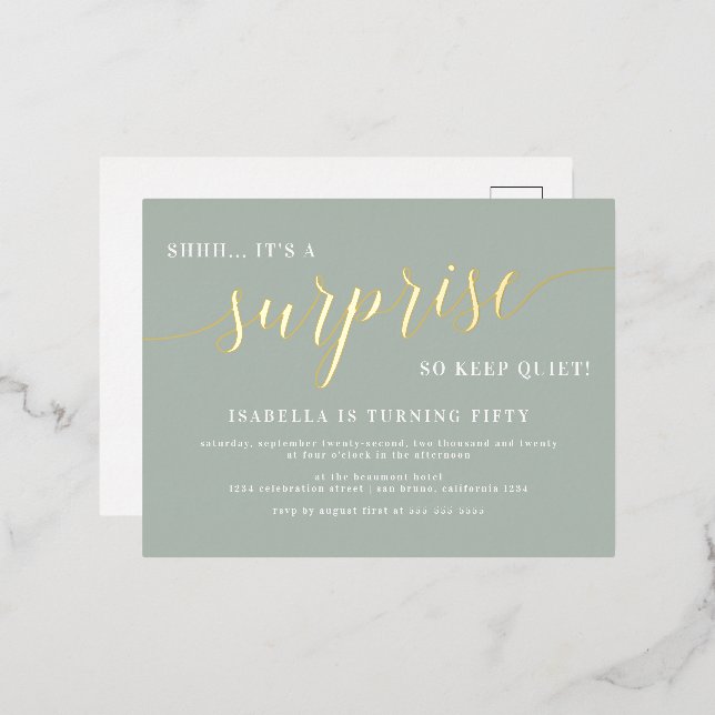 Modern Sage & Gold Script Surprise Birthday Party Foil Invitation Postcard (Front/Back)