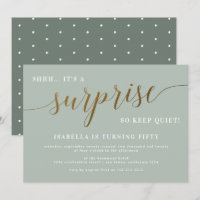 Modern Sage & Gold Script Surprise Birthday Party