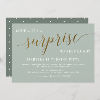 Modern Sage & Gold Script Surprise Birthday Party Invitation