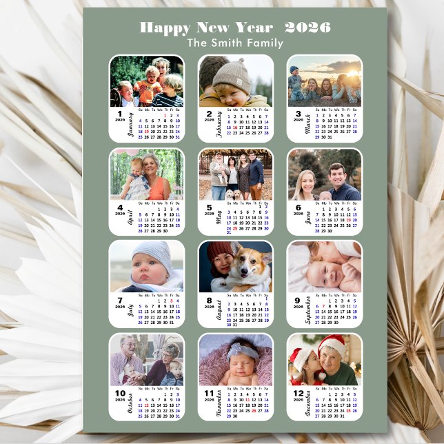 Modern Sage Green 2026 Calendar 12 Photo Magnetic (Creator Uploaded)