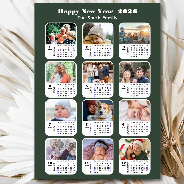 Modern Sage Green 2026 Calendar 12 Photo Magnetic (Creator Uploaded)