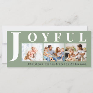 Modern Sage Green 3 Photo Collage Joyful Christmas Holiday Card
