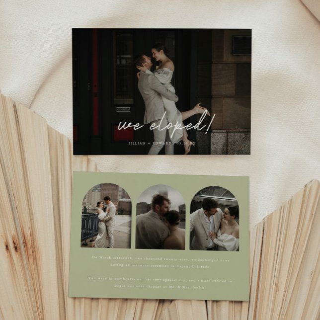 Modern Sage Green 4-Photo Arch Wedding Elopement Announcement (Creator Uploaded)