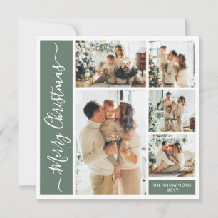 Modern Sage Green 5 Photo Family Christmas Collage Holiday Card
