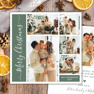 Modern Sage Green 5 Photo Family Christmas Collage Holiday Card