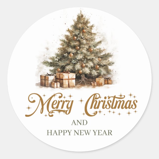 Modern sage green and copper Christmas tree Classic Round Sticker (Front)