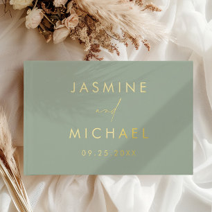 Modern Sage Green and Gold Foil Photo Wedding Guest Book