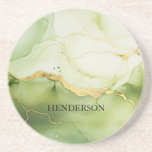 Modern Sage Green and Gold Personalized Monogram Coaster