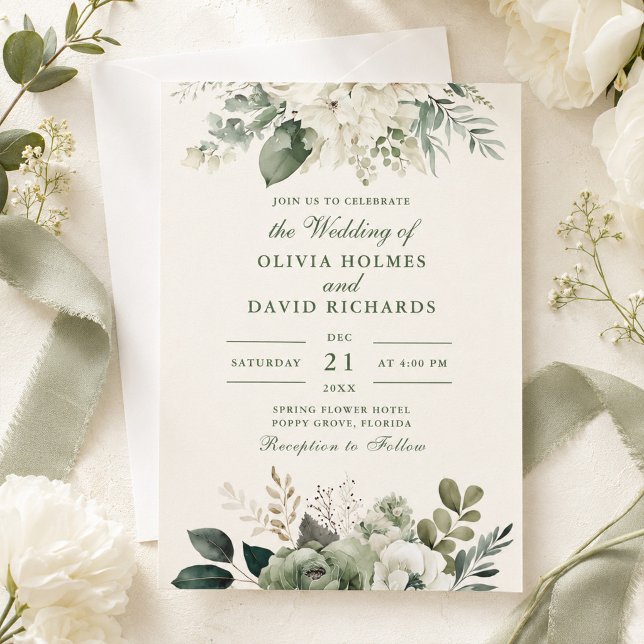 Modern Sage Green and Ivory Flowers Wedding Invitation (Modern Sage Green and Ivory Flowers Wedding Invitation on a table with flowers and green ribbon)