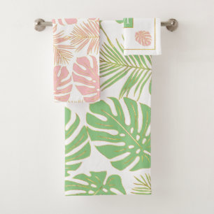 Modern sage green and pink tropical leaves bath towel set