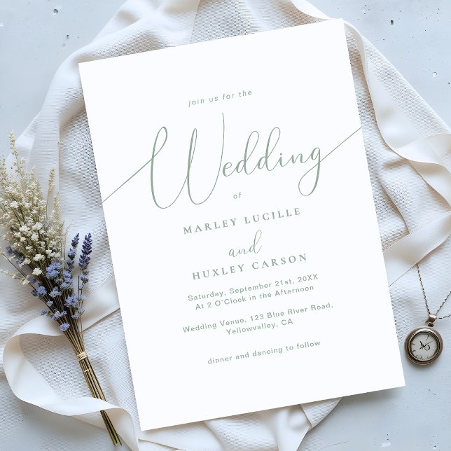 Modern Sage Green and White Elegant Script Wedding Invitation (Creator Uploaded)