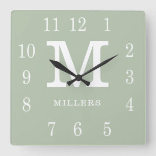 Modern Sage Green And White Family Name Monogram Square Wall Clock