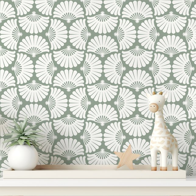 Modern Sage Green And White Ogee Palm Fan Wallpaper (Creator Uploaded)