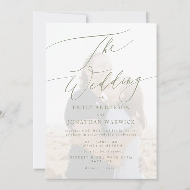 Modern Sage Green and White Overlay Photo Wedding Invitation (Front)