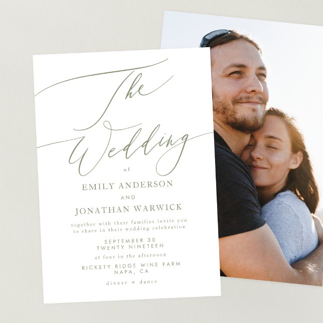 Modern Sage Green and White Photo Back Wedding Invitation (Creator Uploaded)