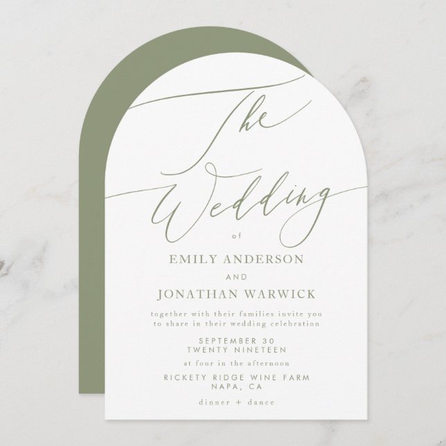 Modern Sage Green and White Simple Arch Wedding Invitation (Front/Back)