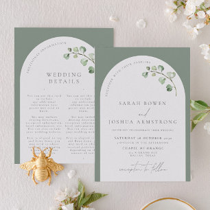 Modern Sage Green Arch Botanical Details Wedding Invitation