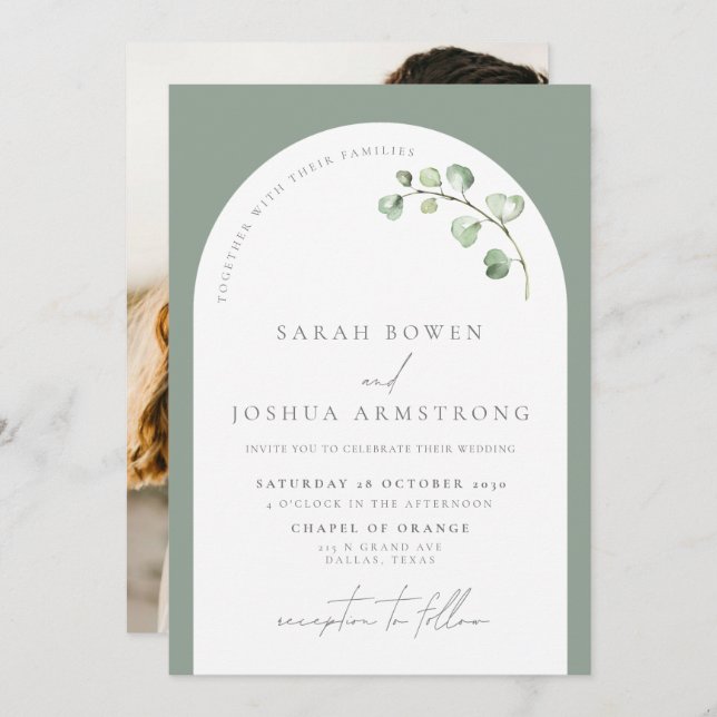 Modern Sage Green Arch Botanical Photo Wedding Invitation (Front/Back)