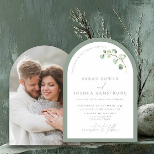 Modern Sage Green Arch Botanical Photo Wedding Invitation