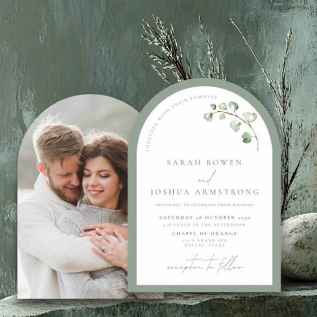 Modern Sage Green Arch Botanical Photo Wedding Invitation (Creator Uploaded)
