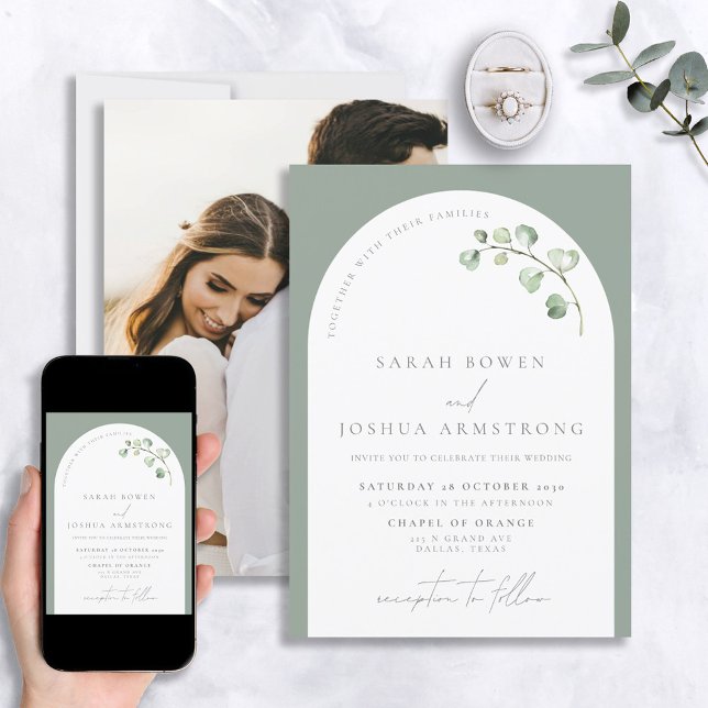 Modern Sage Green Arch Botanical Photo Wedding Invitation (Creator Uploaded)